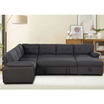Sectional Sleeper Sofa with Pull Out Couch Bed U Shaped Sleeper Couch Bed with Storage Chaise, Fabric Modern 6 Seater Sofa Bed Sleeper, Dark Grey