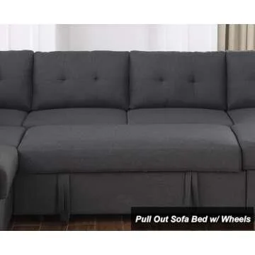 Sectional Sleeper Sofa with Pull Out Couch Bed U Shaped Sleeper Couch Bed with Storage Chaise, Fabric Modern 6 Seater Sofa Bed Sleeper, Dark Grey