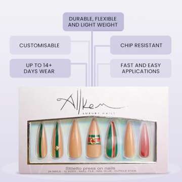 Allkem Bee Stripe Sculpted Stiletto Press on Nails | Glossy Extra Long Stiletto | 10 sizes - 20 pcs ...