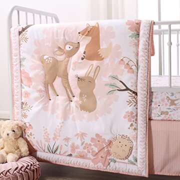 The Peanutshell 3 Piece Baby Crib Bedding Set for Girls - Newborn, Infant & Toddler Nursery Bed Set Decor with Fitted Crib Sheet, Dust Ruffle Comforter - Fairytale Forest