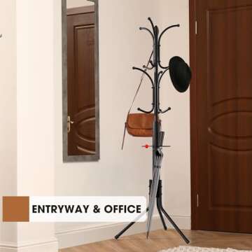 Ulimart Coat Rack Freestanding,12 Hooks Metal Coat Racks with Umbrella Holder,Sturdy Hall Rree,Easy Assembly Coat Rack Stand for Hanging Scarf,Purse,Hats,Jacket(Black)