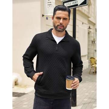 COOFANDY Mens 1/4 Zip Pullover Casual Mock Neck Sweatshirts Long Sleeve Classic Waffle Pattern Sweatshirt Jackets Fall Fashion Polo Shirt Black
