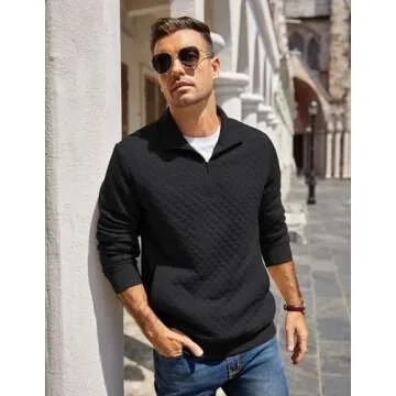 COOFANDY Mens 1/4 Zip Pullover Casual Mock Neck Sweatshirts Long Sleeve Classic Waffle Pattern Sweatshirt Jackets Fall Fashion Polo Shirt Black