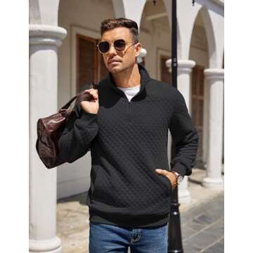 COOFANDY Mens 1/4 Zip Pullover Casual Mock Neck Sweatshirts Long Sleeve Classic Waffle Pattern Sweatshirt Jackets Fall Fashion Polo Shirt Black