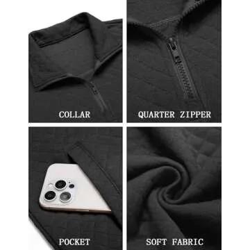 COOFANDY Mens 1/4 Zip Pullover Casual Mock Neck Sweatshirts Long Sleeve Classic Waffle Pattern Sweatshirt Jackets Fall Fashion Polo Shirt Black