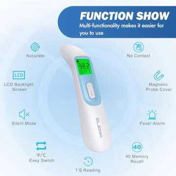 Ear Thermometer for Baby, ELERA Infrared LCD Thermometer with Automatic Switching Mode of Ear & Forehead, 1s Measurement, 4 Color Backlight Display with Fever Indicator