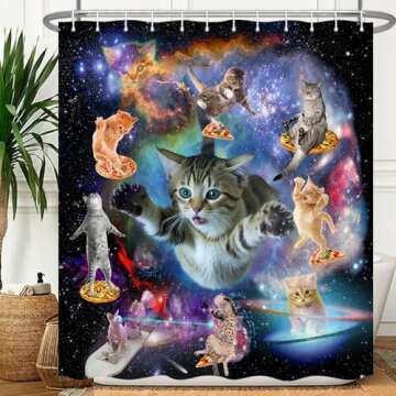 Funny Cat Shower Curtain, Cool Cat in Outer Space Design for Kids