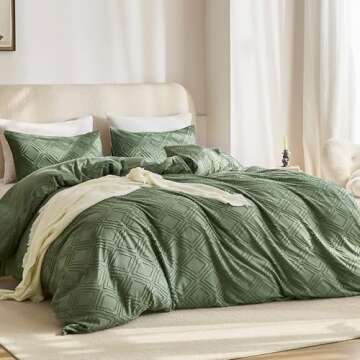 JELLYMONI Green Duvet Cover King Size - Microfiber Tufted Duvet Cover Set, Boho Textured Jacquard Rh...