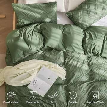 JELLYMONI Green Duvet Cover King Size - Microfiber Tufted Duvet Cover Set, Boho Textured Jacquard Rhombus Geometric Pattern Duvet Cover with Corner Ties & Zipper Closure