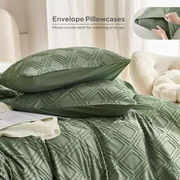 JELLYMONI Green Duvet Cover King Size - Microfiber Tufted Duvet Cover Set, Boho Textured Jacquard Rhombus Geometric Pattern Duvet Cover with Corner Ties & Zipper Closure
