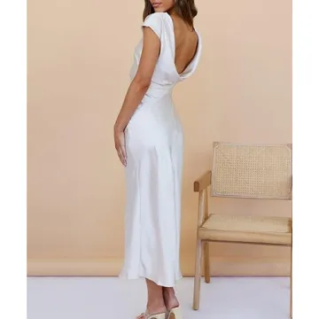 Elegant Satin Cap Sleeve Cowl Back Dress for Women