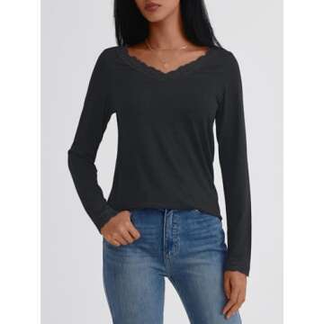 AUTOMET Long Sleeve T Shirts for Women Lace V Neck Casual Cute Tops Loose Fit Fall Winter Basic Clothing