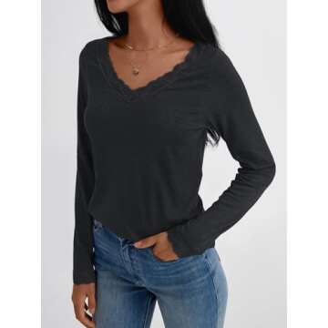 AUTOMET Long Sleeve T Shirts for Women Lace V Neck Casual Cute Tops Loose Fit Fall Winter Basic Clothing