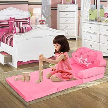 harhoers Kids Couch Fold Out,Comfy Toddler Couch Kids Sofa for Bedroom,Baby Couch for Girl | Pink Pr...