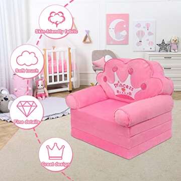 harhoers Kids Couch Fold Out,Comfy Toddler Couch Kids Sofa for Bedroom,Baby Couch for Girl | Pink Princess Chair Couch for Toddlers 1-4 | Toddler Chair for Girls Bedroom Furniture (hot Pink)