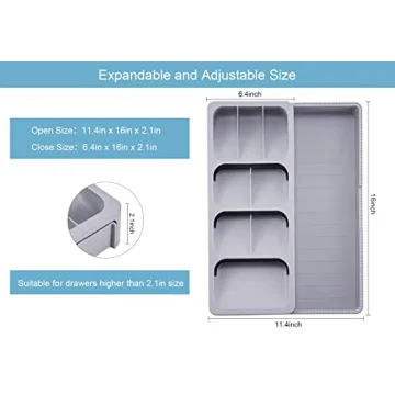 SOMIER Expandable Kitchen Drawer Organizer, Adjustable Cutlery Trays and Utensil Holder, Kitchen Drawer Dividers Storage for Silverware, Flatware, Knives, Spoons, Gray