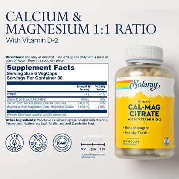 SOLARAY Calcium Magnesium Citrate 1:1 with Vitamin D2 - 180 VegCaps