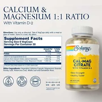 SOLARAY Calcium Magnesium Citrate 1:1 with Vitamin D2 - 180 VegCaps