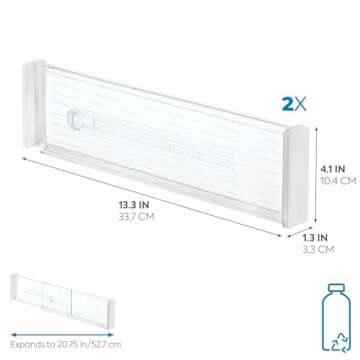 iDesign Plastic Adjustable Deep Drawer Divider, Kitchen, Dresser, Desk, Bathroom and More, The Linus Collection – Set of 2, Expandable 13.25” – 20.75”, Clear