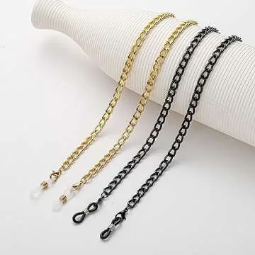 Eyeglass Chain for Men Women, Reading Glasses Chain, Sunglasses Chain, Gold/Black, Cuban Curb Link Chain, 2 Pcs