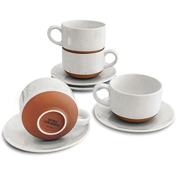 Mora Ceramics 8oz Cappuccino Mug Set of 4 - Ceramic Coffee Cups with Saucers - Microwave and Dishwas...