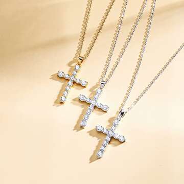 Carleen Cross Necklace For Women 925 Sterling Silver Clear Cubic Zirconia CZ April Birthstone Cross Prong Pendant Necklace Christmas Gift For Women, 16" + 2" Extender