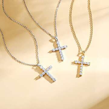 Carleen Cross Necklace For Women 925 Sterling Silver Clear Cubic Zirconia CZ April Birthstone Cross Prong Pendant Necklace Christmas Gift For Women, 16" + 2" Extender
