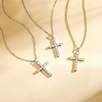 Carleen Cross Necklace For Women 925 Sterling Silver Clear Cubic Zirconia CZ April Birthstone Cross Prong Pendant Necklace Christmas Gift For Women, 16" + 2" Extender