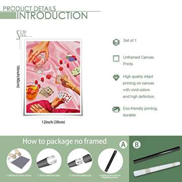 OAOPIC Vintage Pink Poker Playing Cards Posters for Room Decor Aesthetic Retro Funny Casino Gambling Dice Chips Canvas Wall Art Cool Funky Cocktail Alcohol Drinks Prints Paintings 12x16in Unframed