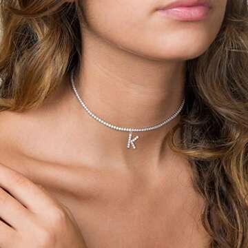 Initial N Necklaces for Women 14K White Gold Plated Cubic Zirconia Choker Silver Tennis Chain Letter Necklace Gift