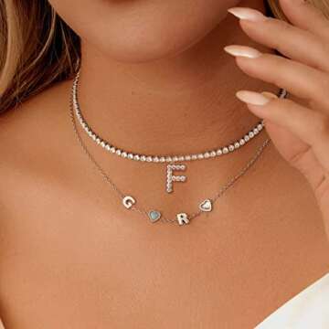 Initial N Necklaces for Women 14K White Gold Plated Cubic Zirconia Choker Silver Tennis Chain Letter Necklace Gift