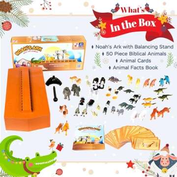 Noah's Ark Toy, Balancing Game Religious Stacking Educational Board Game with Animal Toy, 50 Animals