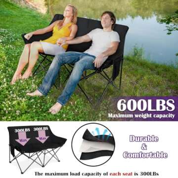 HaSteeL Folding Camping Chair, Portable Double Outdoor Loveseat for 2 Adults Person, Durable Foldable Collapsible Chairs for Camp Patio Picnic Beach Travel, Support 600Lbs, for Women & Men, Black