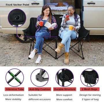 HaSteeL Folding Camping Chair, Portable Double Outdoor Loveseat for 2 Adults Person, Durable Foldable Collapsible Chairs for Camp Patio Picnic Beach Travel, Support 600Lbs, for Women & Men, Black