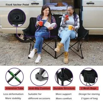 HaSteeL Folding Camping Chair, Portable Double Outdoor Loveseat for 2 Adults Person, Durable Foldable Collapsible Chairs for Camp Patio Picnic Beach Travel, Support 600Lbs, for Women & Men, Black