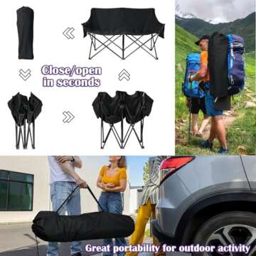 HaSteeL Folding Camping Chair, Portable Double Outdoor Loveseat for 2 Adults Person, Durable Foldable Collapsible Chairs for Camp Patio Picnic Beach Travel, Support 600Lbs, for Women & Men, Black