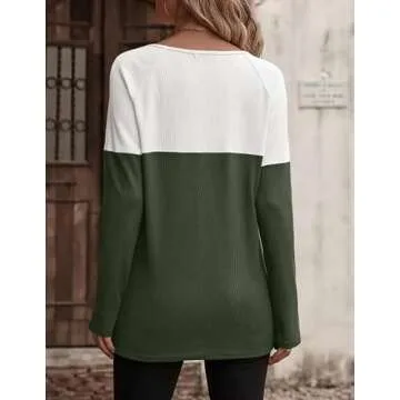 Zeagoo Womens Shirts Fall Casual Long Sleeve Crewneck Color Block Pullover Ladies Waffle Knitted Jumper Tops Fall Winter Tunics Blouses,Army S