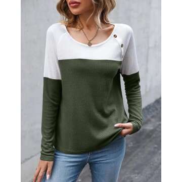 Zeagoo Womens Shirts Fall Casual Long Sleeve Crewneck Color Block Pullover Ladies Waffle Knitted Jumper Tops Fall Winter Tunics Blouses,Army S