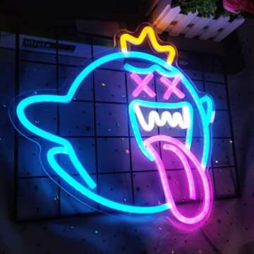 King Boo Neon Sign Ghost Led Neon Light with Dimmable Switch Gaming Neon Sign for Kids Game Room Man...
