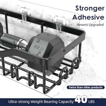 NESOMI Shower Caddy Adhesive Shower Organizer Rustproof Stainless Steel Bathroom Shelves, Large Capacity No-Drill Rack Storage Accessories with Soap Dish Toothbrush Holder & 16 Hooks Home Decor Black