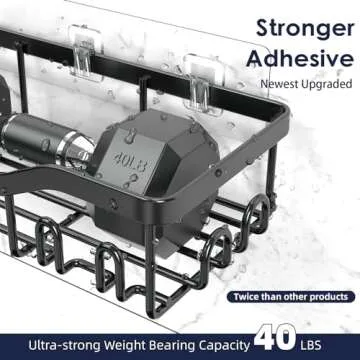 NESOMI Shower Caddy Adhesive Shower Organizer Rustproof Stainless Steel Bathroom Shelves, Large Capacity No-Drill Rack Storage Accessories with Soap Dish Toothbrush Holder & 16 Hooks Home Decor Black