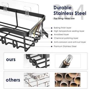 NESOMI Shower Caddy Adhesive Shower Organizer Rustproof Stainless Steel Bathroom Shelves, Large Capacity No-Drill Rack Storage Accessories with Soap Dish Toothbrush Holder & 16 Hooks Home Decor Black