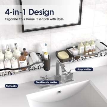 NESOMI Shower Caddy Adhesive Shower Organizer Rustproof Stainless Steel Bathroom Shelves, Large Capacity No-Drill Rack Storage Accessories with Soap Dish Toothbrush Holder & 16 Hooks Home Decor Black