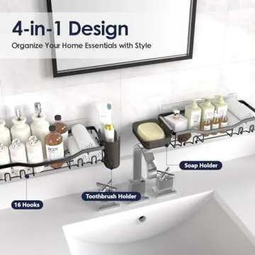 NESOMI Shower Caddy Adhesive Shower Organizer Rustproof Stainless Steel Bathroom Shelves, Large Capacity No-Drill Rack Storage Accessories with Soap Dish Toothbrush Holder & 16 Hooks Home Decor Black