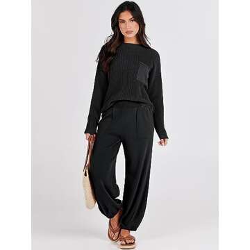 Caracilia Women's Two Piece Outfits Fashion Lounge Set Long Sleeve Warm Knit Pullover Sweater and Jogger Pants Matching Lounge Sets Tracksuit Sweatsuit 2023 Autumn Winter ClothesC108A2heise-L, Black