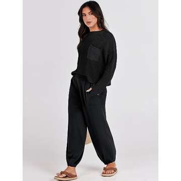 Caracilia Women's Two Piece Outfits Fashion Lounge Set Long Sleeve Warm Knit Pullover Sweater and Jogger Pants Matching Lounge Sets Tracksuit Sweatsuit 2023 Autumn Winter ClothesC108A2heise-L, Black