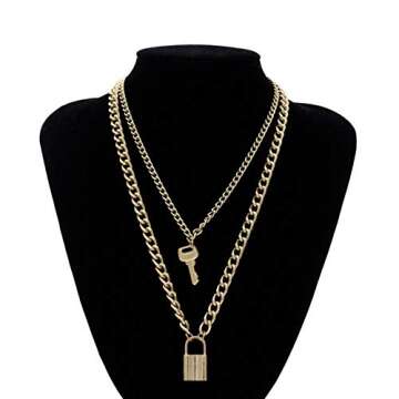 YERTTER Key with Lock Pendant Punk Layering Cable Chain Choker Necklace Boho Jewelry Set Layered Statement Chunky Chain Necklace for Women Man