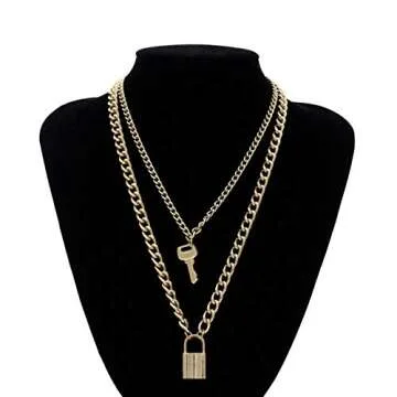 YERTTER Key with Lock Pendant Punk Layering Cable Chain Choker Necklace Boho Jewelry Set Layered Statement Chunky Chain Necklace for Women Man