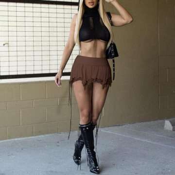 Women's Lace Short Skirt Sexy Y2K Solid Low Waist Patchwork Flowy Ruffle Pleated Mini Skirts Streetwear Brown S