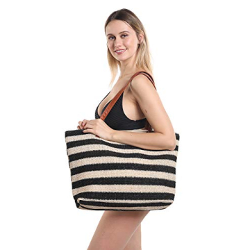 Genovega Women Beach Tote Utility Bag with Zipper, Stripe Black Cute Xl Large Woven Straw Purse Summer Handbag for Travel, Mom Female Sister Wife Girlfriend